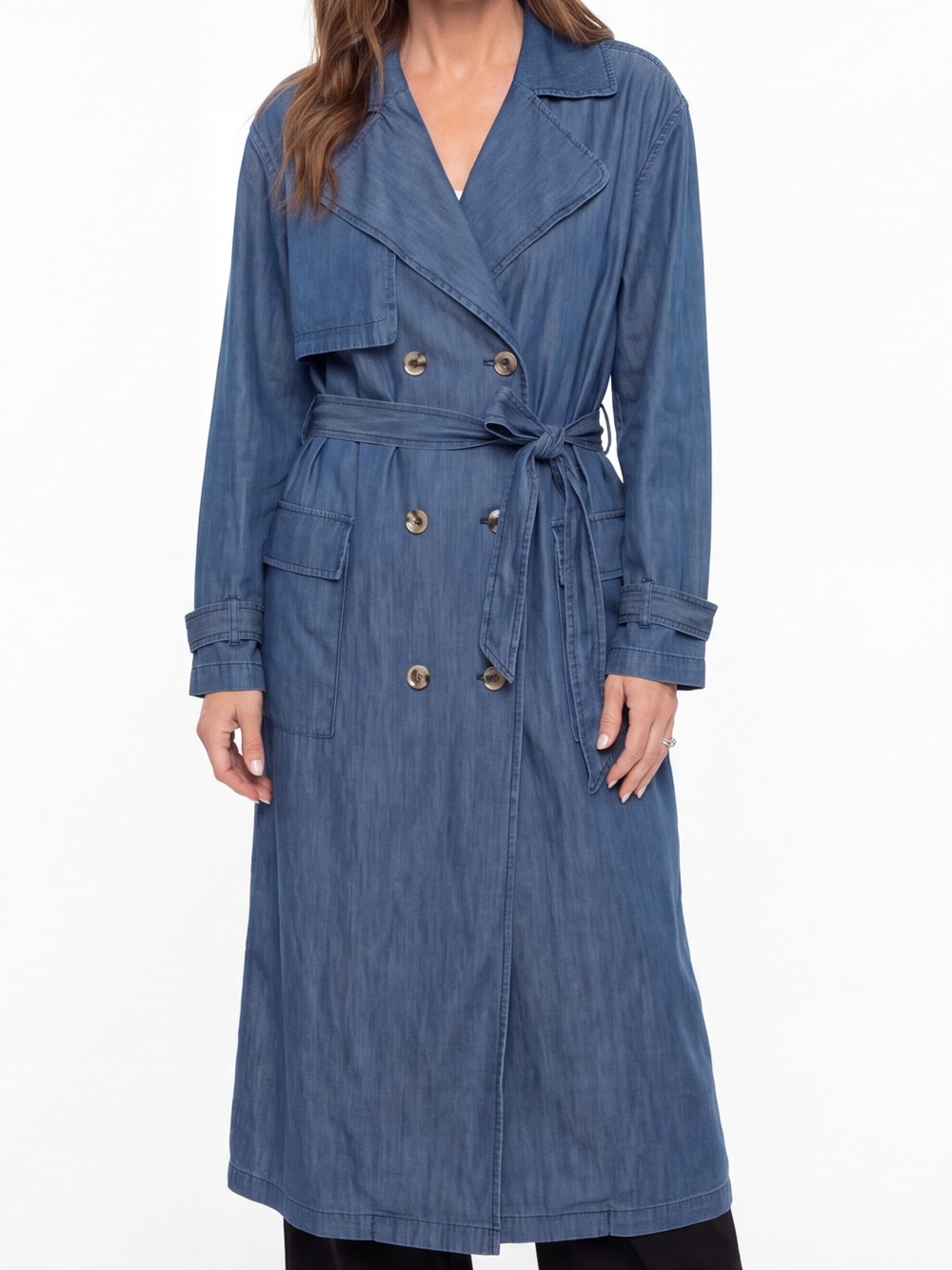 JustFab Double Breasted Longline lightweight Denim Trench Coat Belted minimalist